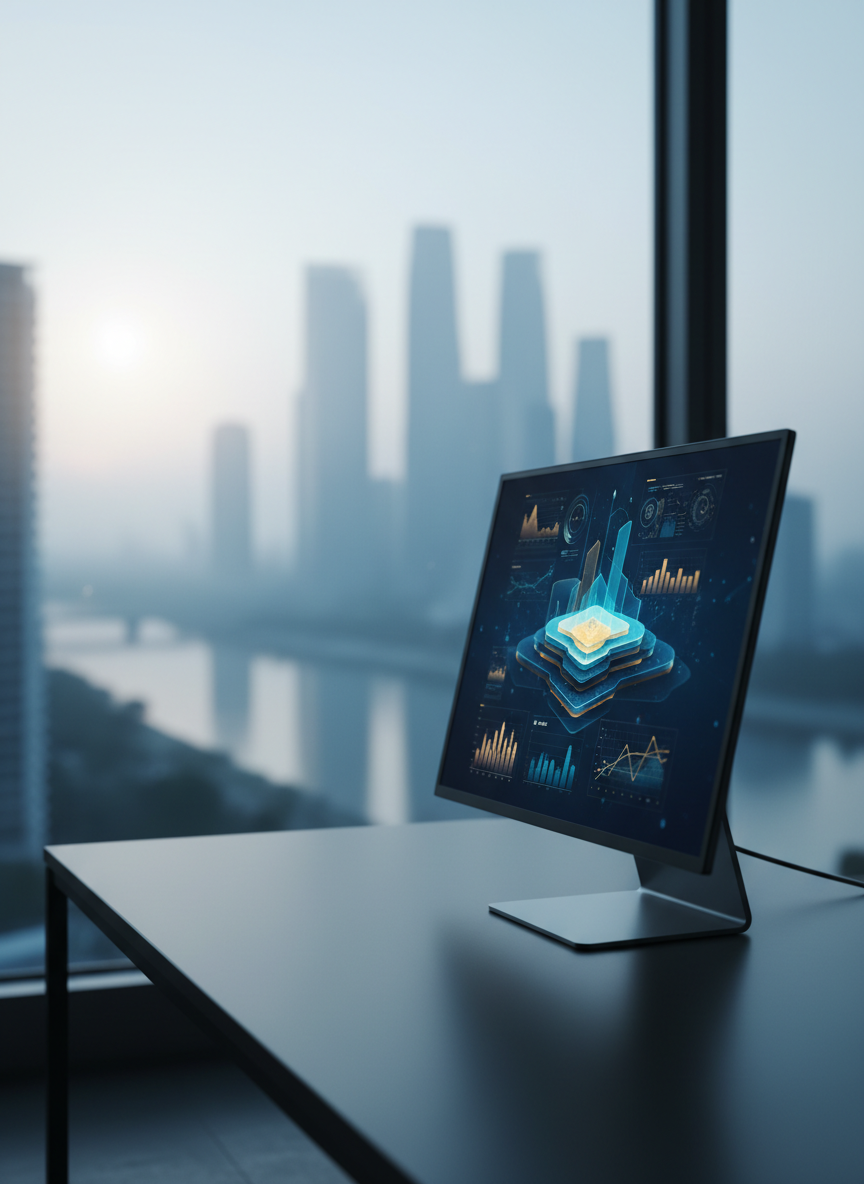 A sophisticated digital dashboard displayed on an ultra-thin, frameless monitor set on a dark, uncluttered desk, showing only abstract graphs and elevation-like layered shapes in blues and golds, carefully blurred to avoid readable data. The monitor faces a panoramic window with an out-of-focus skyline of skyscrapers and a distant river at sunrise. Cool morning light mixes with the subtle glow of the screen, creating gentle reflections on the desk’s matte surface. Photographic realism, shot from a side angle with the monitor on the right third of the frame, emphasizing depth and perspective. The mood is analytical, optimistic, and high-performance, evoking measurable outcomes and progress for senior professionals undergoing executive coaching without showing any people or text.