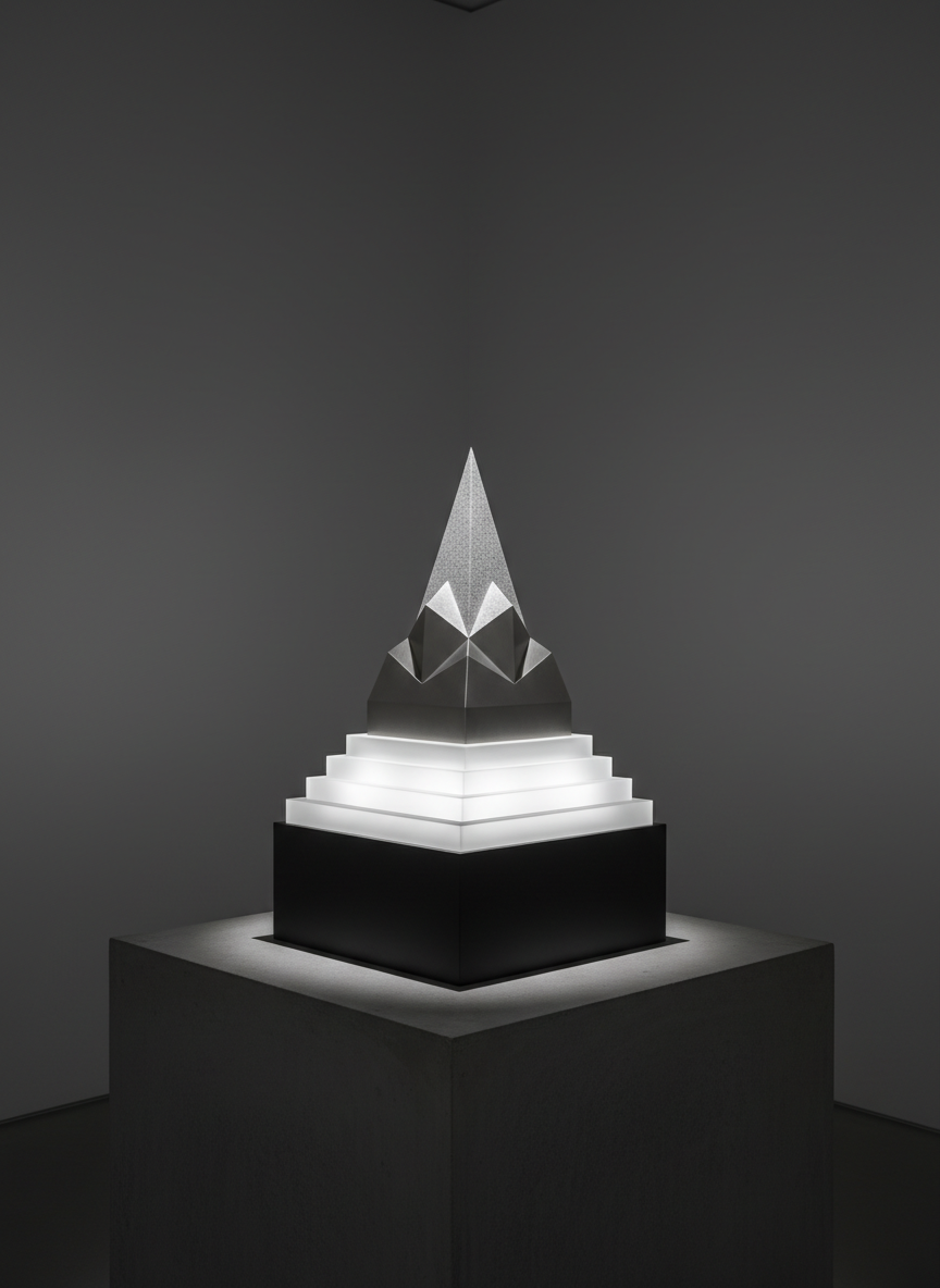 An abstract, three-tiered architectural model resembling a stepped, glass-and-steel mountain rising from a matte black base, symbolizing the Elevation Model™. Each tier has distinct textures: frosted glass, brushed metal, and polished stone, lit from below by subtle white LEDs that create a refined gradient of light upward. The model sits on a minimalist concrete plinth in a dim, gallery-like room. A single overhead spotlight casts crisp, controlled shadows onto the surrounding walls, emphasizing structure and progression. Shot at eye level with a slight angle to reveal depth and symmetry, photographic realism with a calm, contemplative atmosphere, suggesting structured growth, clarity, and the ascent of high achievers in leadership without any human figures or visible wording.