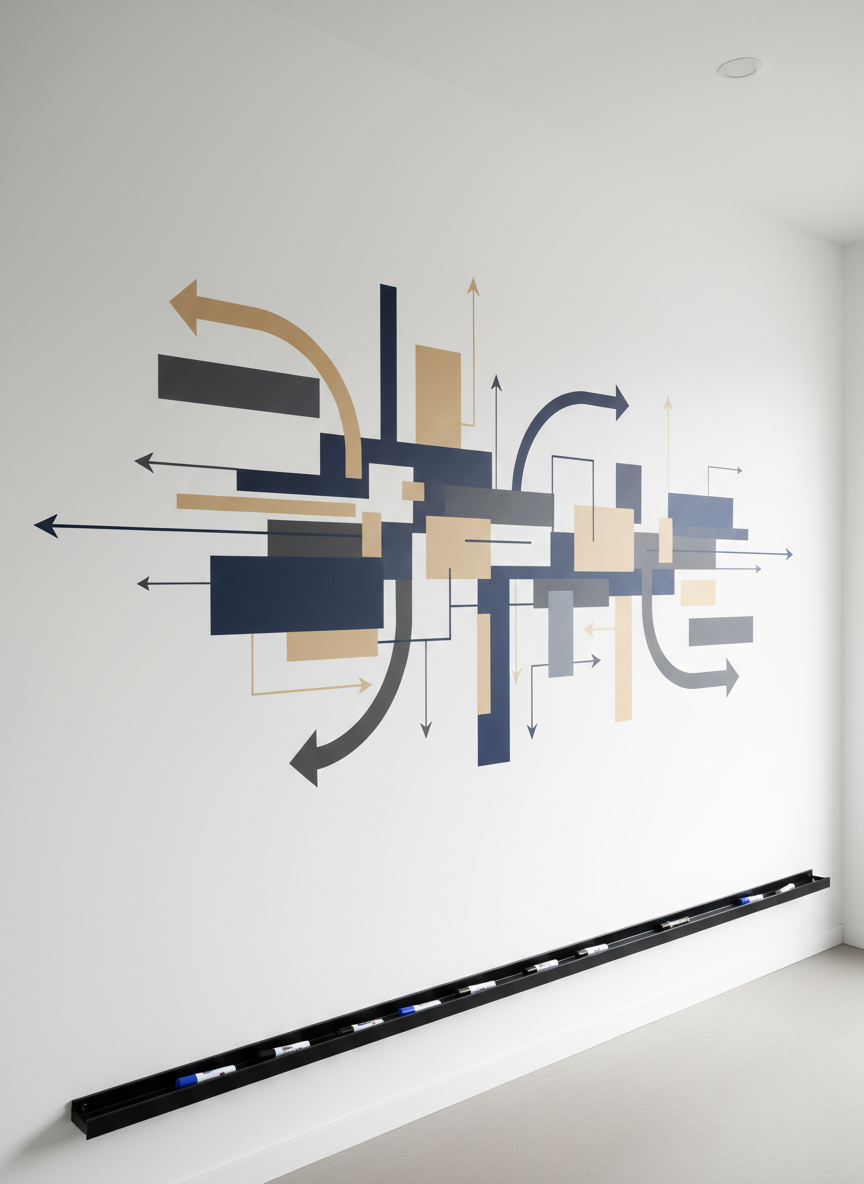 A pristine whiteboard wall in a modern, minimalist office, covered not with text but with elegant geometric shapes, arrows, and layered translucent rectangles in muted navy, charcoal, and soft gold, symbolizing complex thinking and clarity. A slim, matte-black marker tray runs along the bottom edge, holding neatly aligned, capped markers. Soft overhead studio lighting creates a uniform glow, while a subtle sidelight introduces delicate shadows that add depth to the shapes. Photographic realism, captured from a slight side angle to show the length of the wall and the progression of ideas. The mood is analytical yet inspiring, reflecting Laurence Loxam’s structured yet creative approach to executive and leadership coaching for high achievers, without any legible words or human presence.
