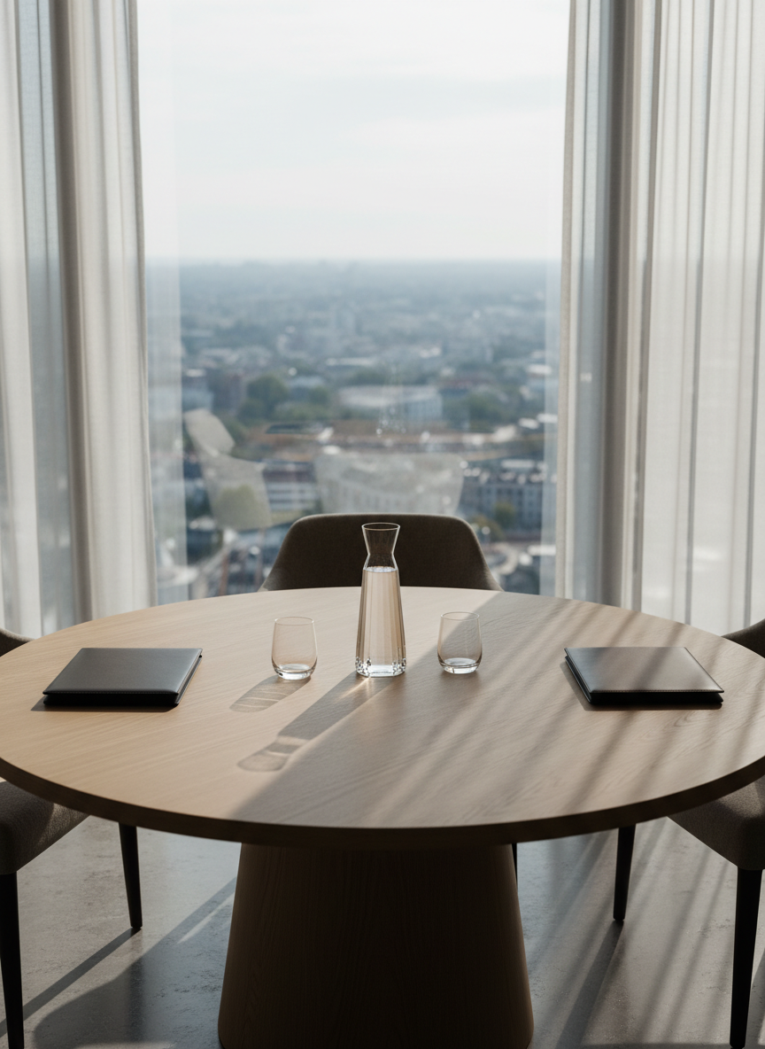 A refined meeting space centered on a circular oak table with a soft satin finish, positioned near a floor-to-ceiling window overlooking a blurred, high-altitude cityscape. On the table rest two identical, closed leather portfolios and a slim glass carafe of water with two empty tumblers, conveying a poised, ready-for-conversation scene without people. Morning daylight streams in, diffused by sheer curtains, creating gentle highlights on the table’s grain and faint shadows radiating outward. Photographic realism, shot from an eye-level perspective with a balanced, symmetrical composition. The atmosphere is composed, confidential, and sophisticated, evoking high-level executive coaching conversations and deep strategic reflection in a calm, distraction-free environment.