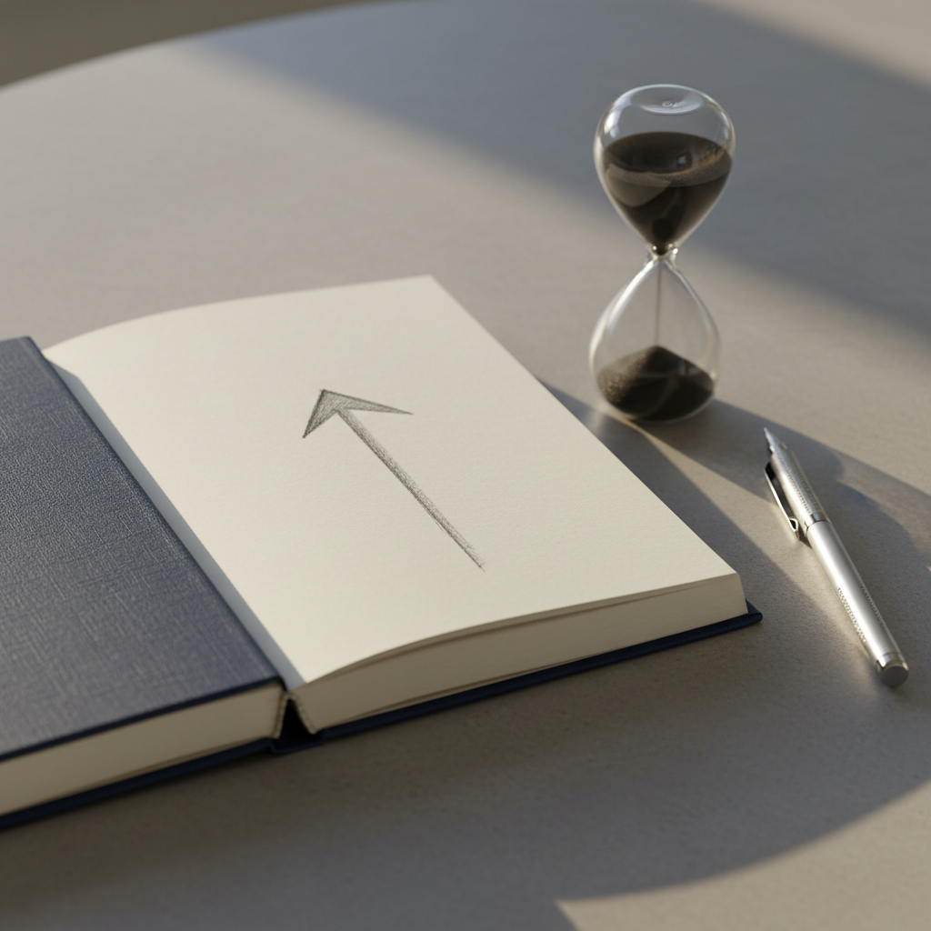 A close-up of a premium, navy-blue hardcover journal lying partially open on a smooth stone tabletop, its thick, cream pages blank except for a single, elegantly drawn upward arrow sketched in graphite, representing strategic elevation. Beside it rests a precision metal mechanical pencil and a minimalist sand timer with fine black sand halfway through its cycle. Soft afternoon light enters from the left, casting long, refined shadows and a subtle glow along the journal’s edges. Photographic realism, with shallow depth of field focusing on the arrow and the sand timer, while the background dissolves into a gentle blur. The mood is introspective, disciplined, and quietly ambitious, ideal for illustrating the reflective clarity work of executive coaching.