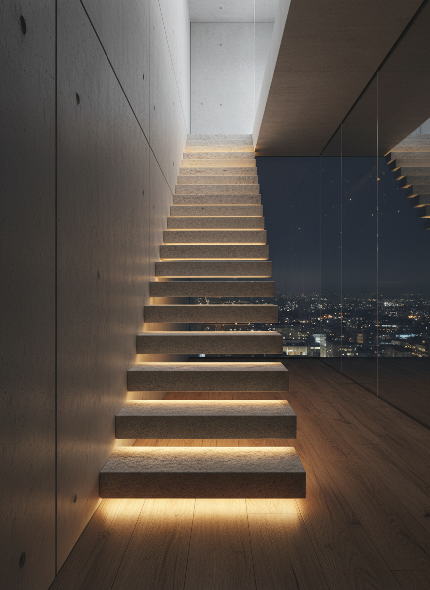 A symbolic, minimalist staircase made of floating, thick stone slabs ascending along a smooth concrete wall inside a high-end office interior. Each step is subtly underlit, creating a gentle gradient of light that grows brighter as the stairs rise, evoking progression and elevation. The floor is dark oak, reflecting a faint sheen of the underlighting, and a large, frameless glass panel nearby reveals a softly blurred city nightscape with scattered lights. Photographic realism, captured from a low-angle perspective to accentuate height and ambition. The composition is clean, dominated by diagonals leading upward, and the mood is aspirational, deliberate, and sophisticated, visually communicating the journey of high achievers through structured executive coaching.